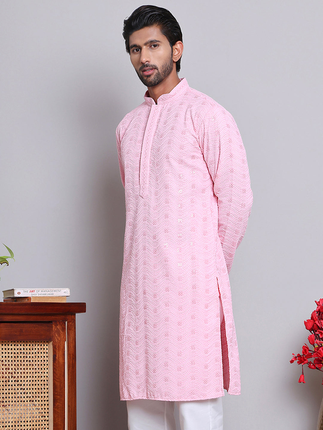 DesiQlo Men Embroidered Kurta Only - Pink - KO_5145Pink_S
