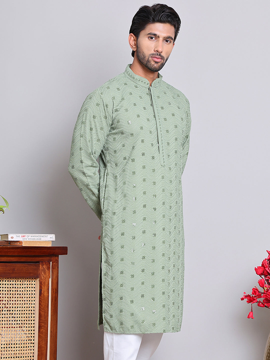 DesiQlo Men Embroidered Kurta Only - Green - KO_5145Pista_S