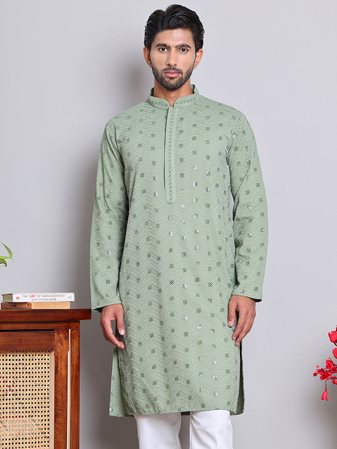 DesiQlo Men Embroidered Kurta Only - Green - KO_5145Pista_S