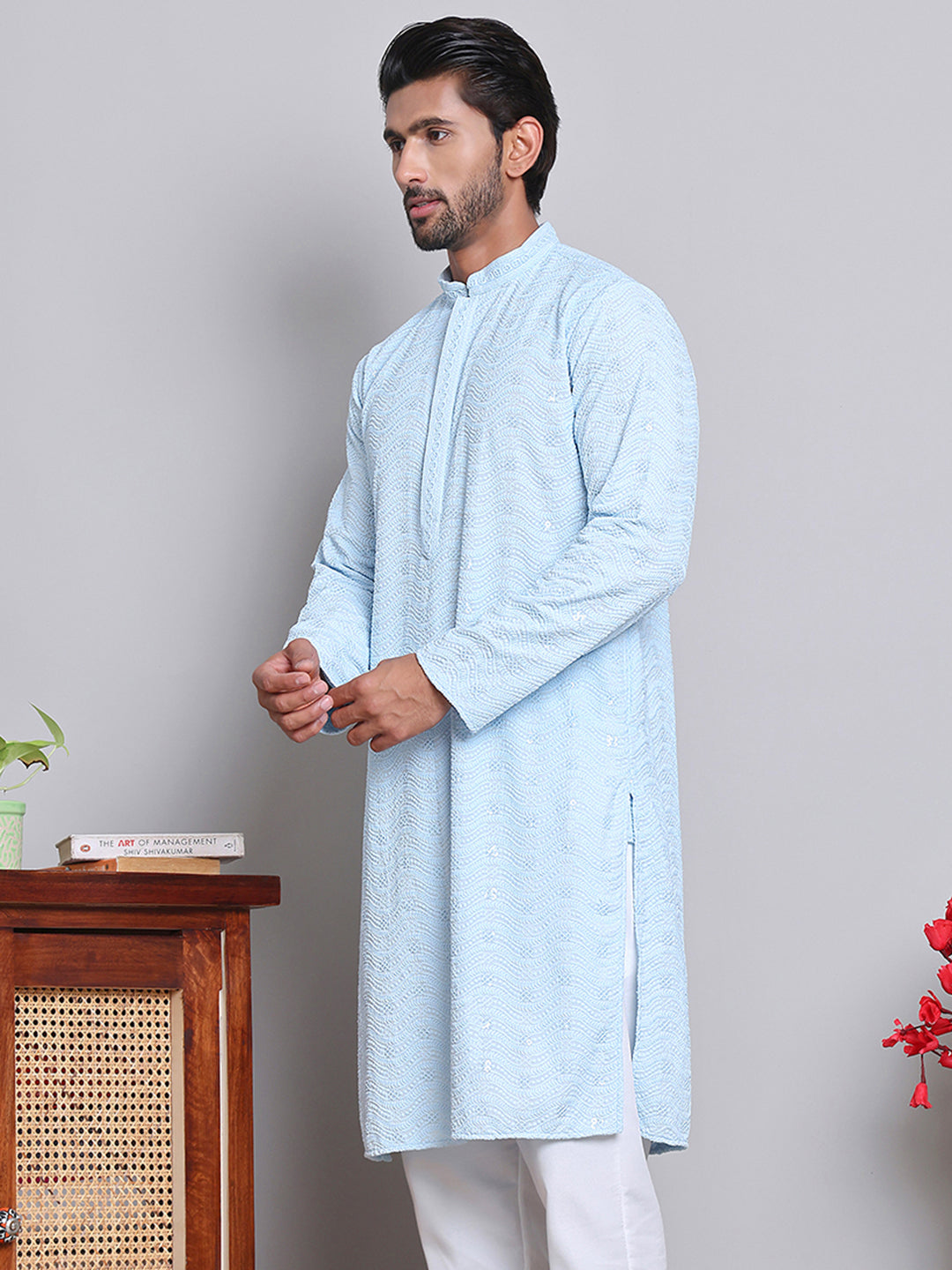 DesiQlo Men Embroidered Kurta Only - Blue - KO_5145Sky_S