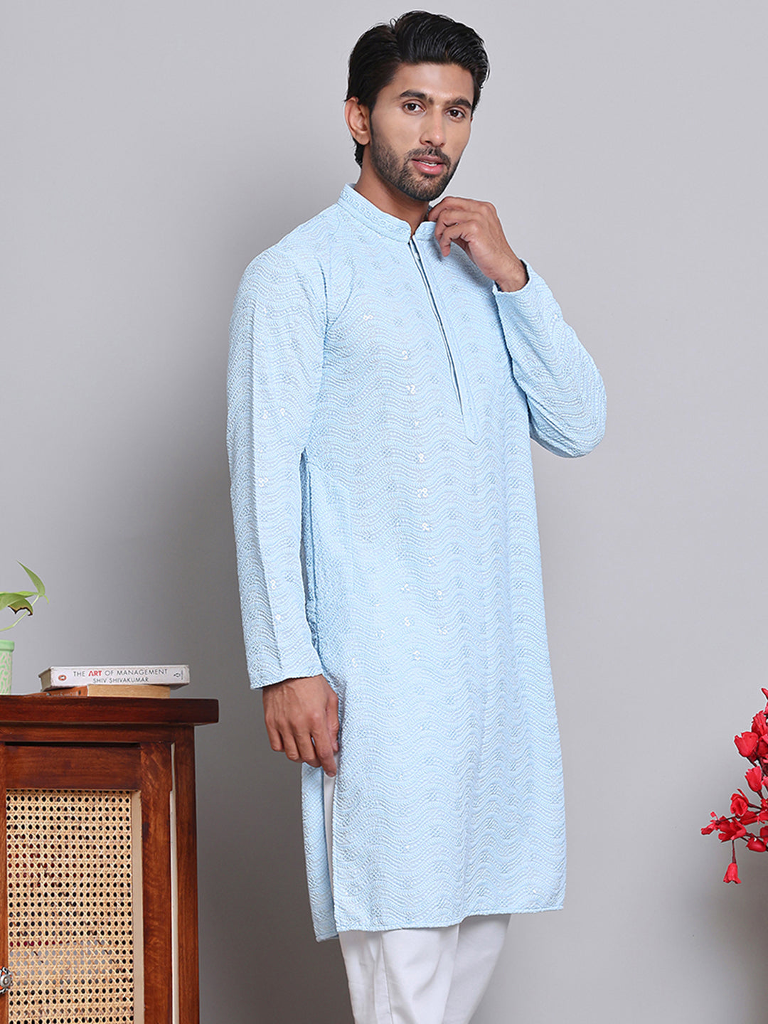 DesiQlo Men Embroidered Kurta Only - Blue - KO_5145Sky_S