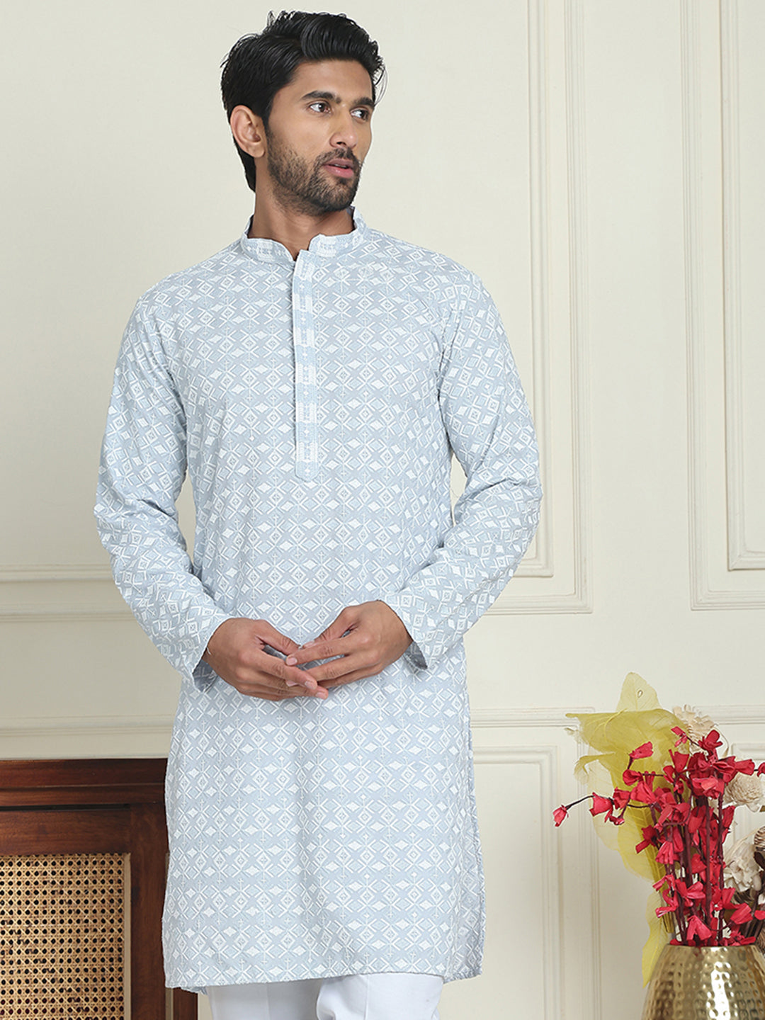 DesiQlo Men Embroidered Kurta Only - Grey - KO_5157Grey_S