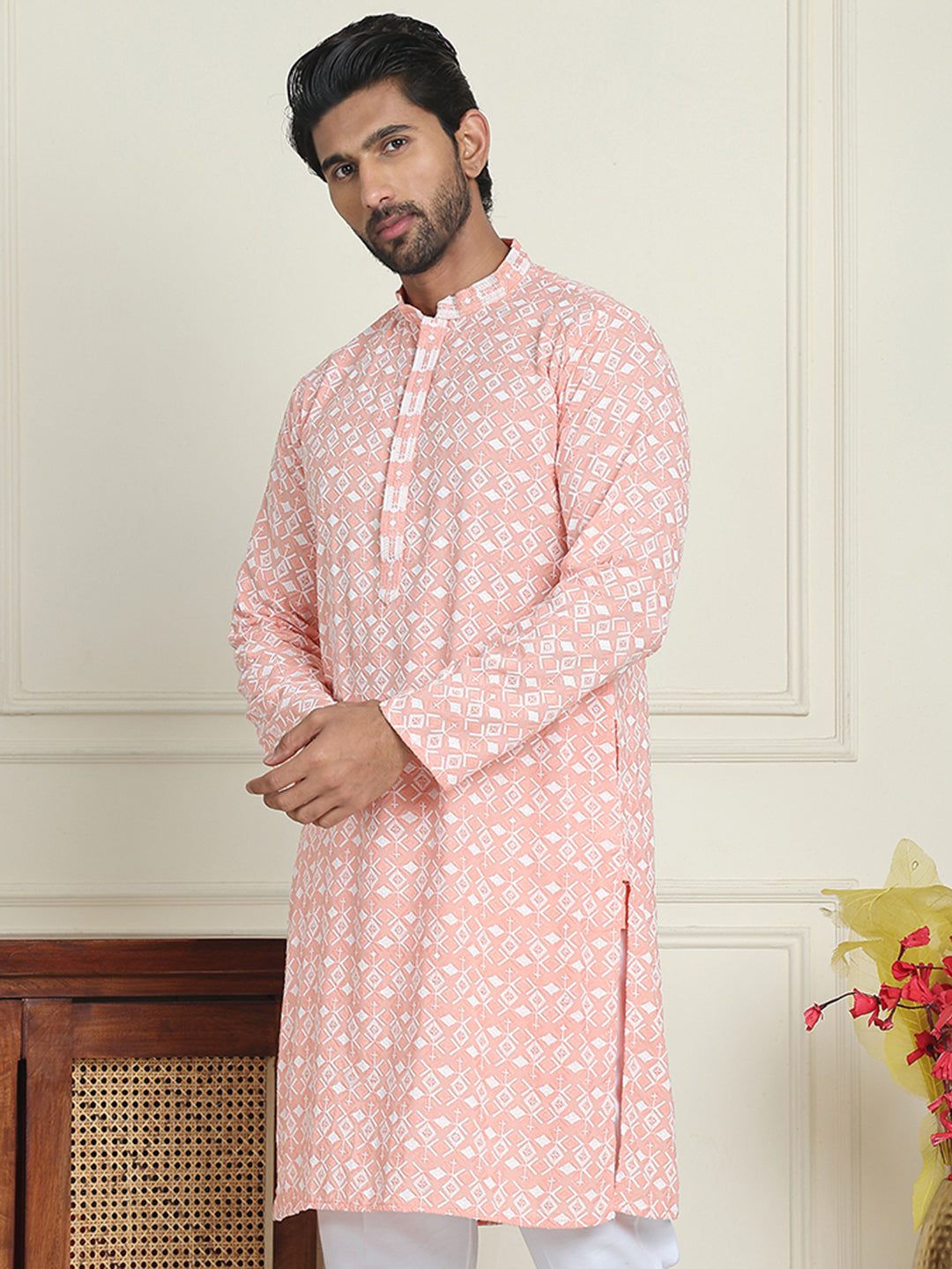 DesiQlo Men Embroidered Kurta Only - Orange - KO_5157Peach_S