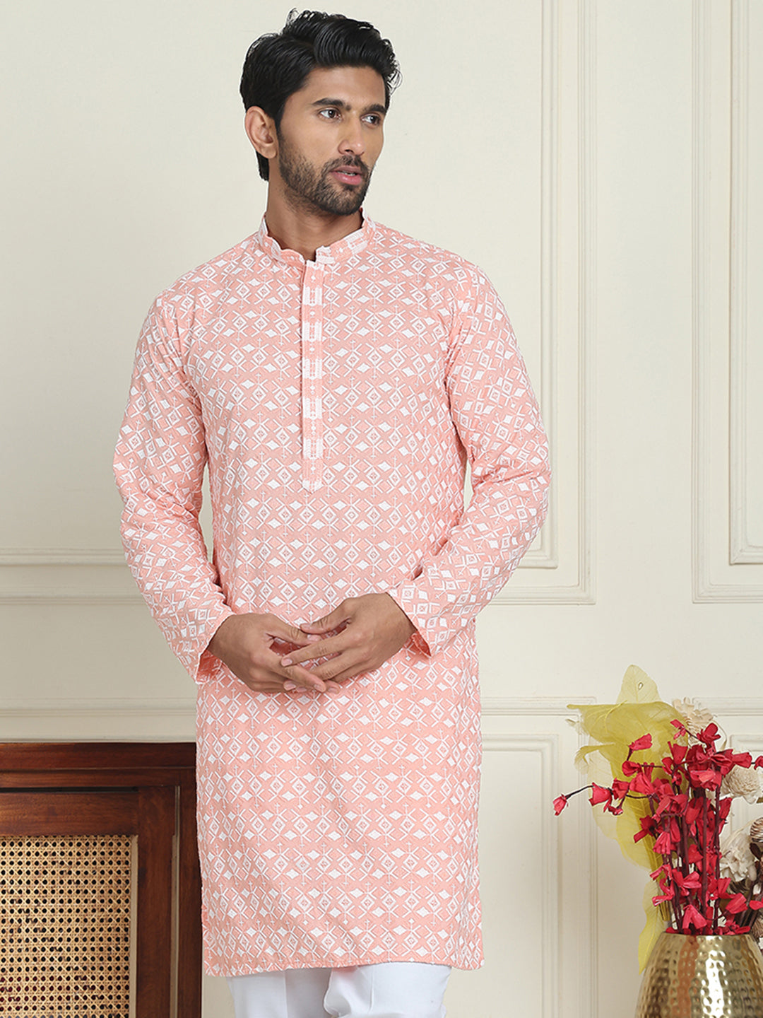DesiQlo Men Embroidered Kurta Only - Orange - KO_5157Peach_S