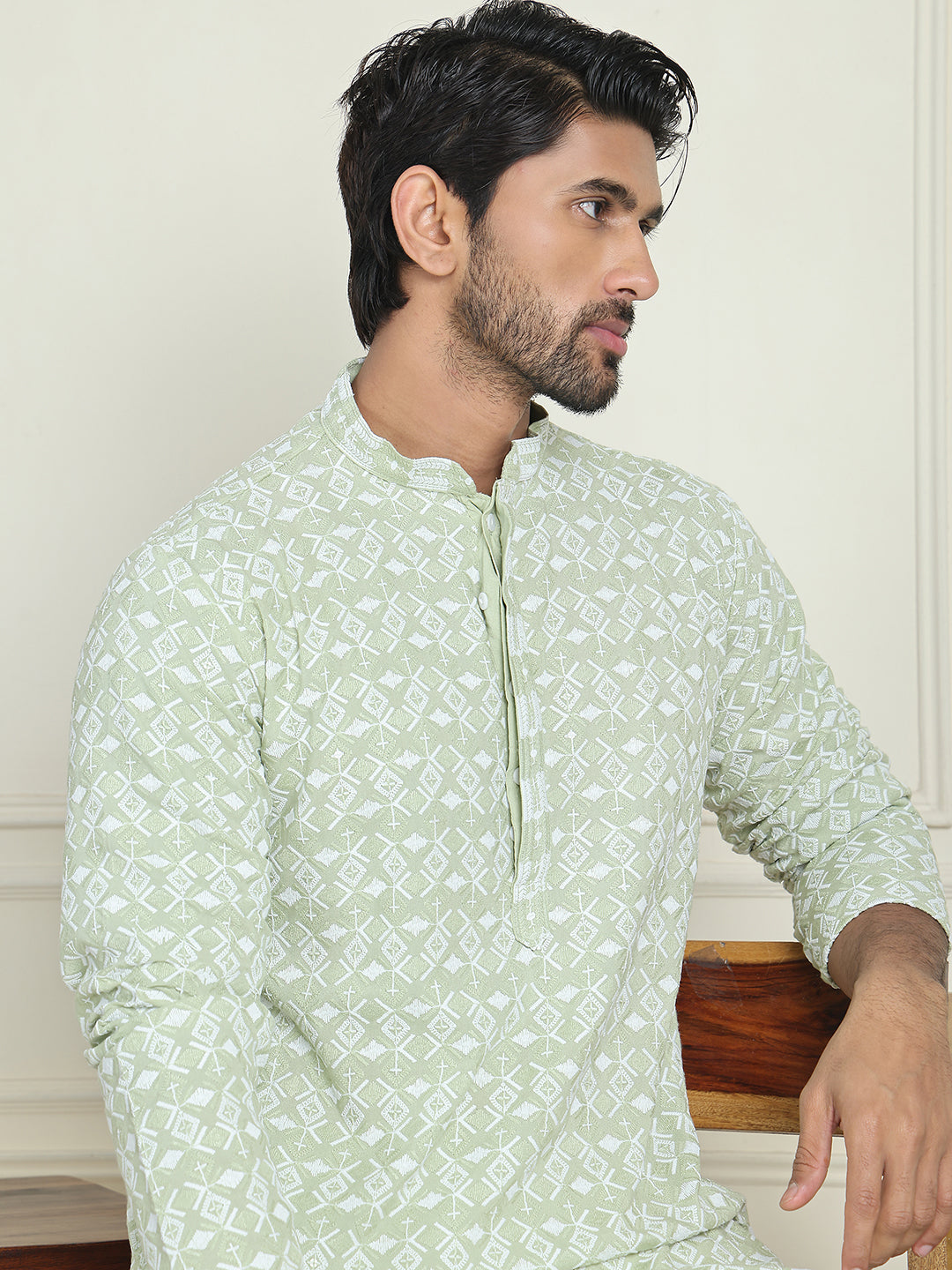 DesiQlo Men Embroidered Kurta Only - Green - KO_5157Pista_S