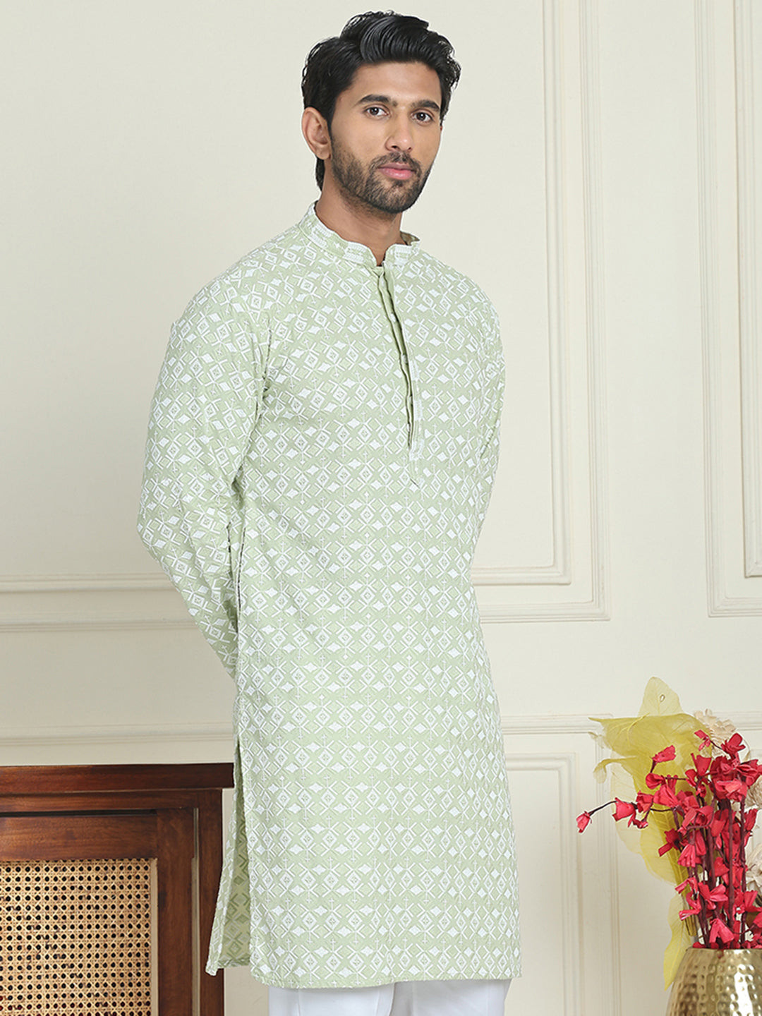 DesiQlo Men Embroidered Kurta Only - Green - KO_5157Pista_S