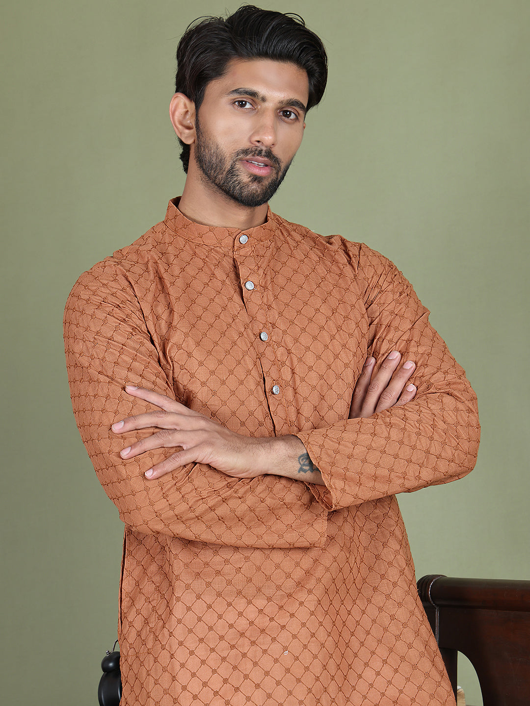 DesiQlo Men Embroidered Kurta Only - Brown - ko_5158Brown_S