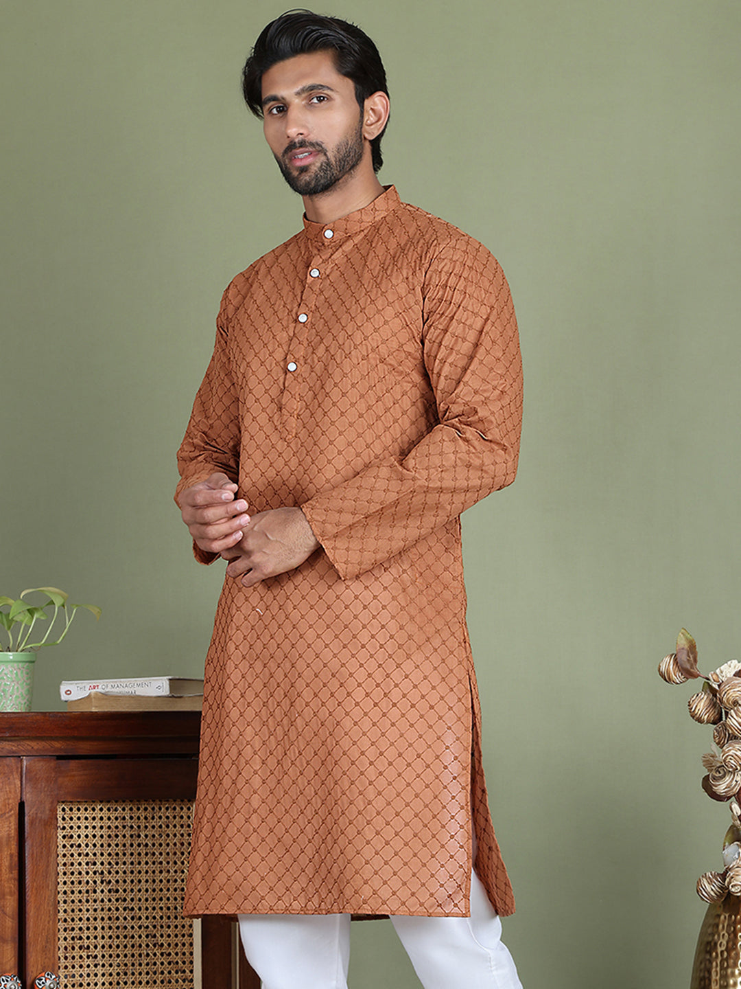 DesiQlo Men Embroidered Kurta Only - Brown - ko_5158Brown_S