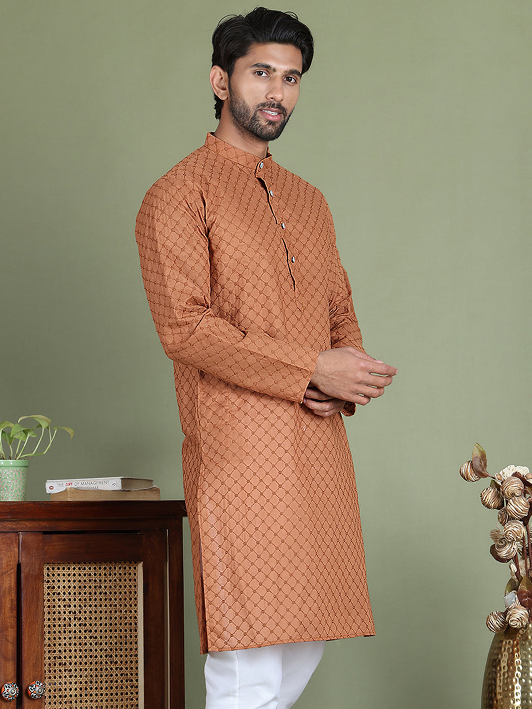 DesiQlo Men Embroidered Kurta Only - Brown - ko_5158Brown_S