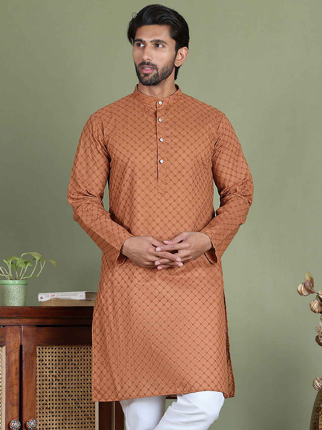 DesiQlo Men Embroidered Kurta Only - Brown - ko_5158Brown_S