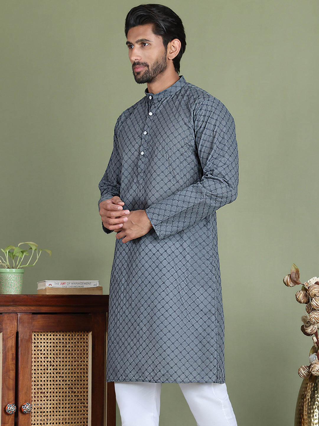DesiQlo Men Embroidered Kurta Only - Grey - ko_5158Grey_S