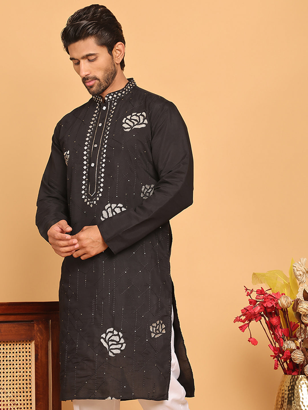 DesiQlo Men Embroidered Kurta Only - Black - KO_5159Black_S