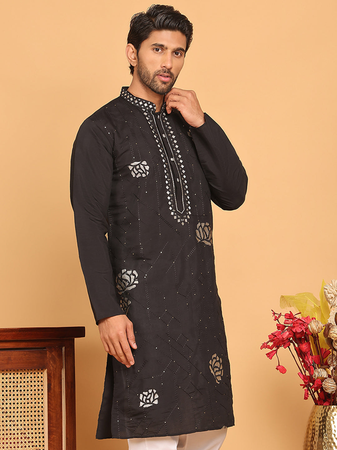 DesiQlo Men Embroidered Kurta Only - Black - KO_5159Black_S
