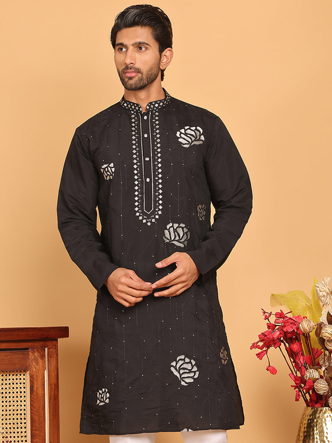 DesiQlo Men Embroidered Kurta Only - Black - KO_5159Black_S