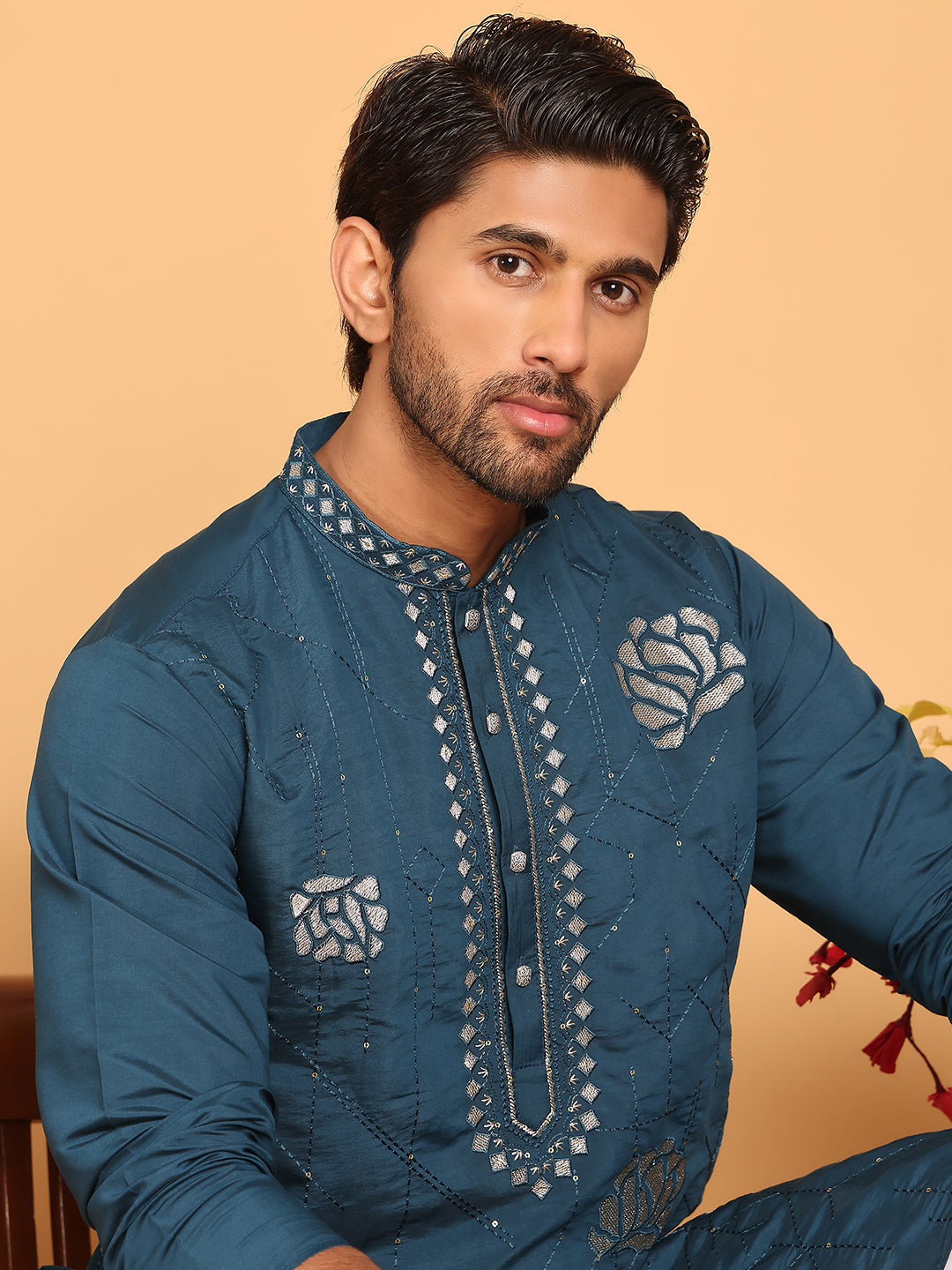 DesiQlo Men Embroidered Kurta Only - Multicolor - KO_5159Peacock_S