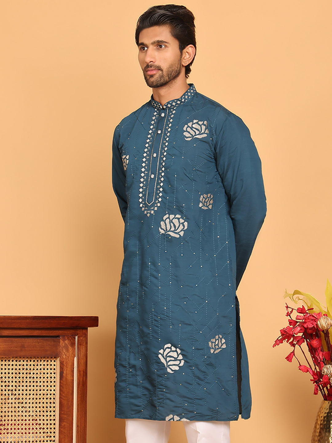DesiQlo Men Embroidered Kurta Only - Multicolor - KO_5159Peacock_S