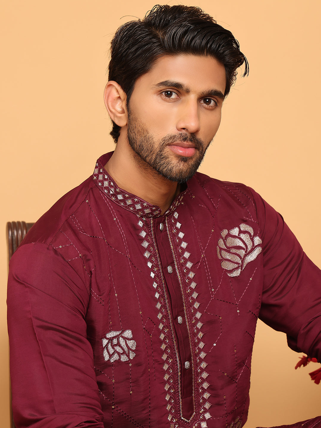 DesiQlo Men Embroidered Kurta Only - Maroon - KO_5159Wine_S