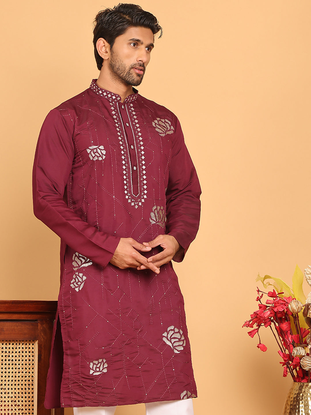 DesiQlo Men Embroidered Kurta Only - Maroon - KO_5159Wine_S