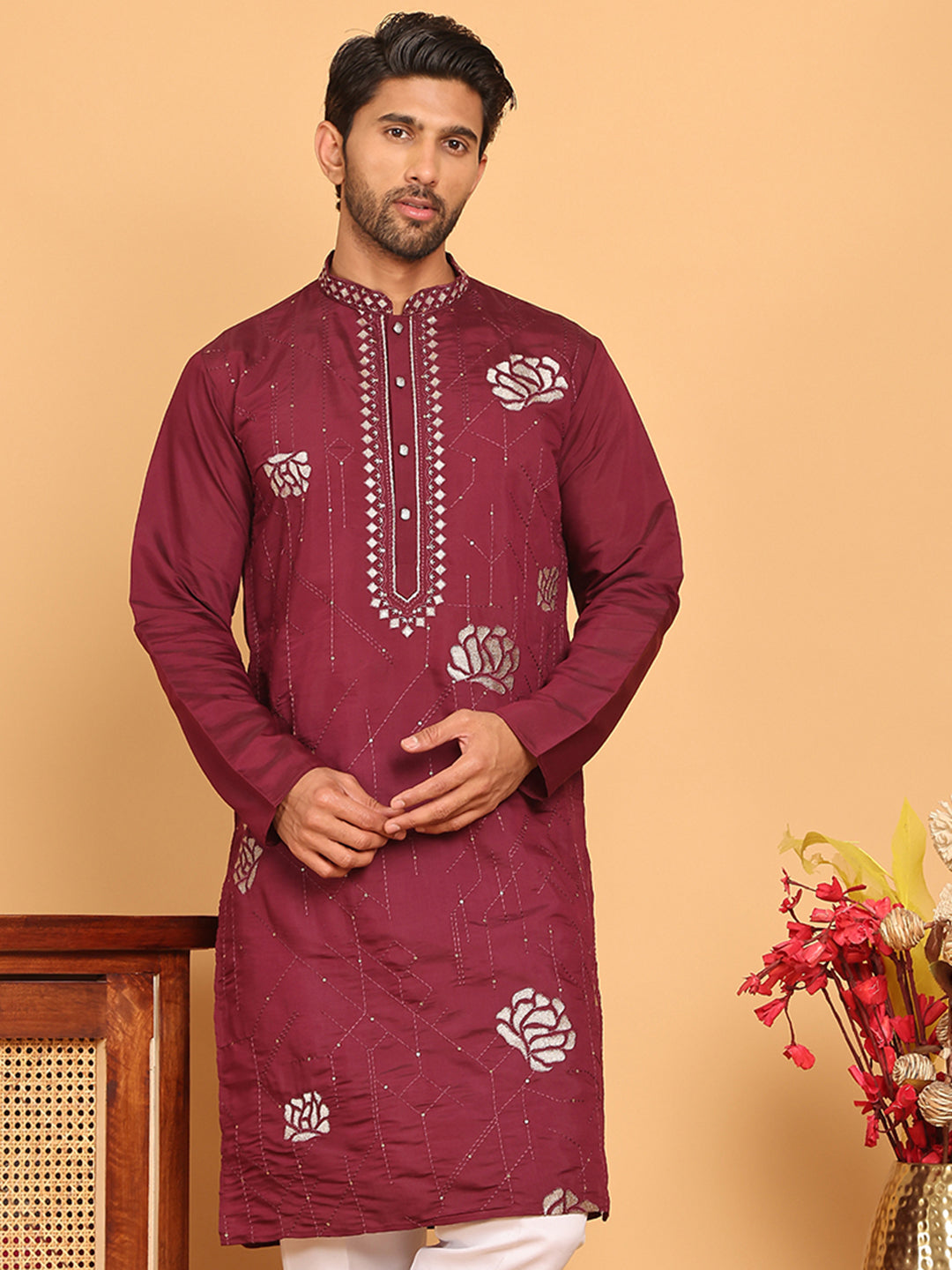 DesiQlo Men Embroidered Kurta Only - Maroon - KO_5159Wine_S