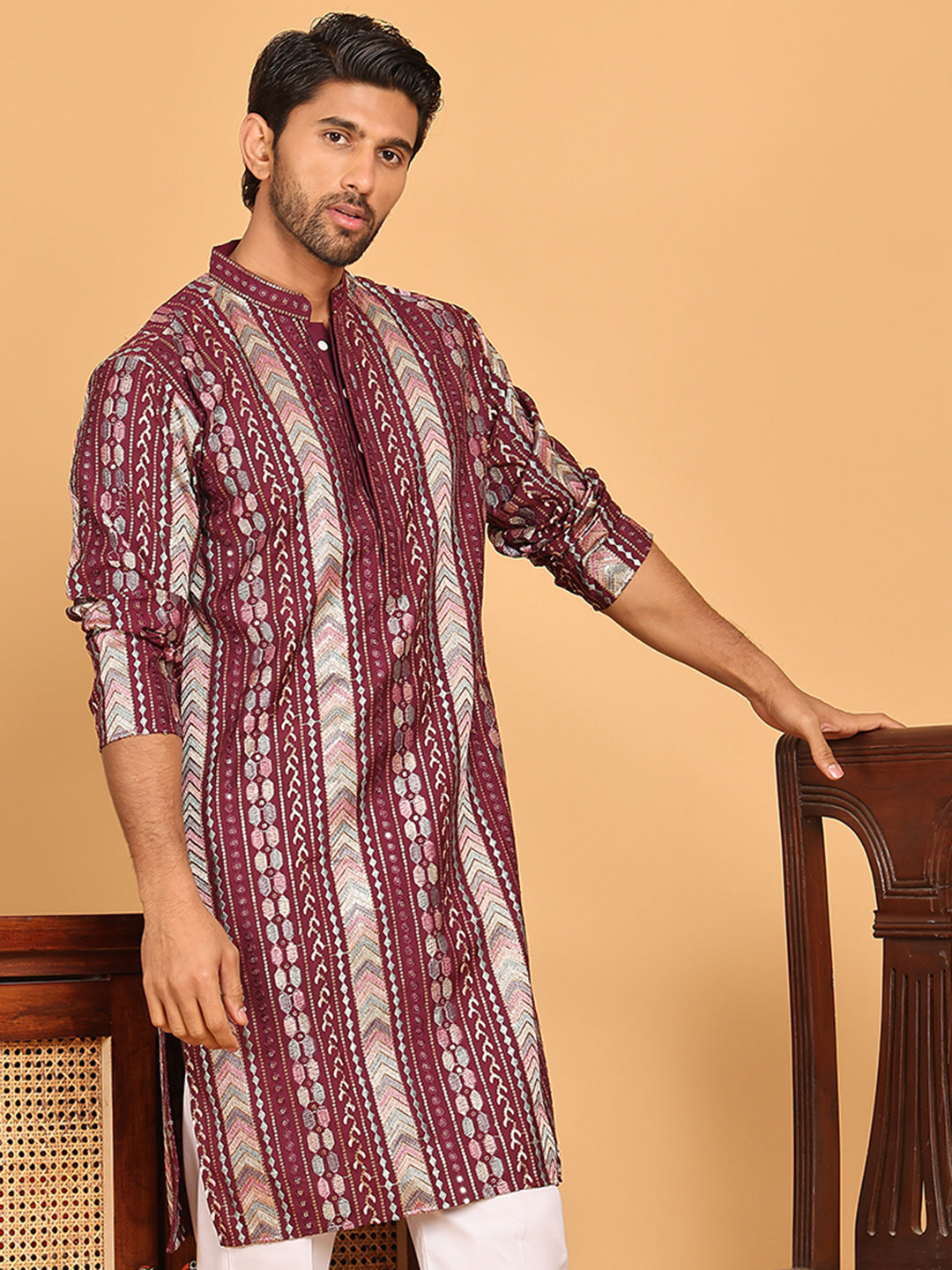 Embroidered and Sequins Kurtas for Men ( KO 5161 Maroon ) [FF] [M-15]