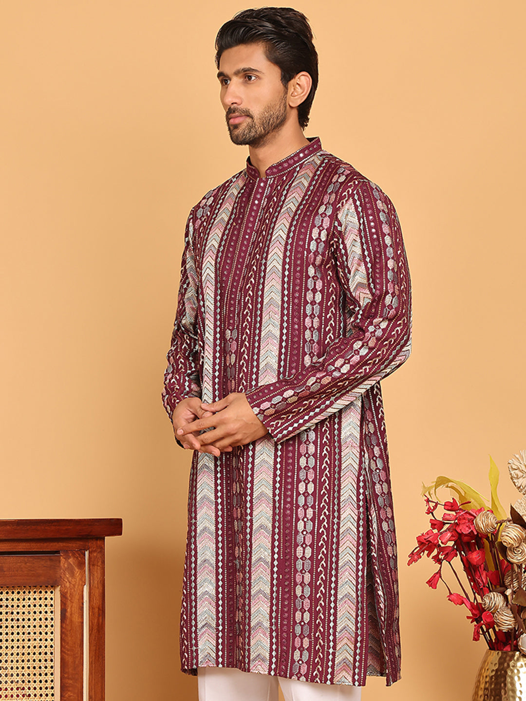 DesiQlo Men Embroidered Kurta Only - Maroon - KO_5161Maroon_S
