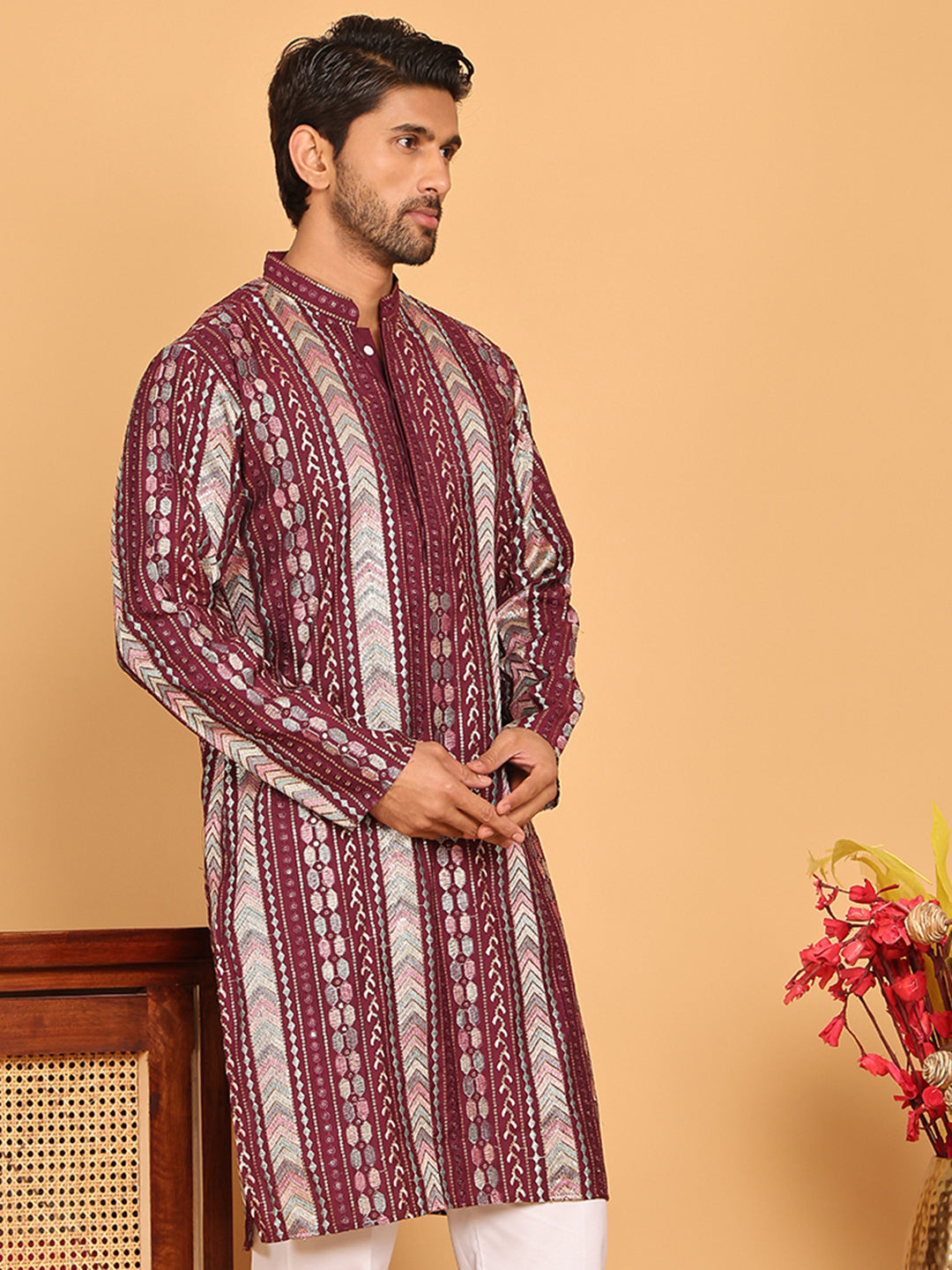DesiQlo Men Embroidered Kurta Only - Maroon - KO_5161Maroon_S