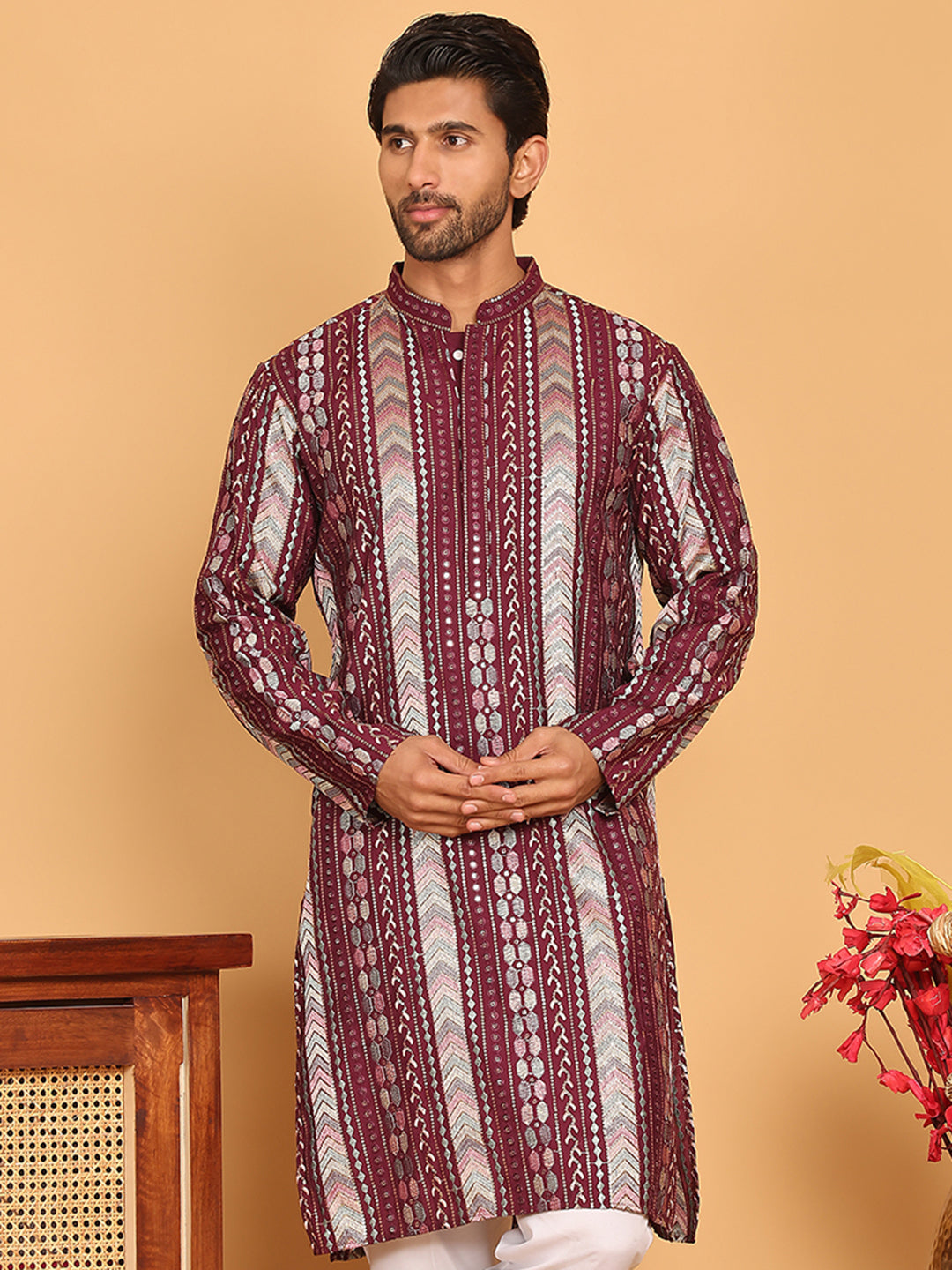 DesiQlo Men Embroidered Kurta Only - Maroon - KO_5161Maroon_S