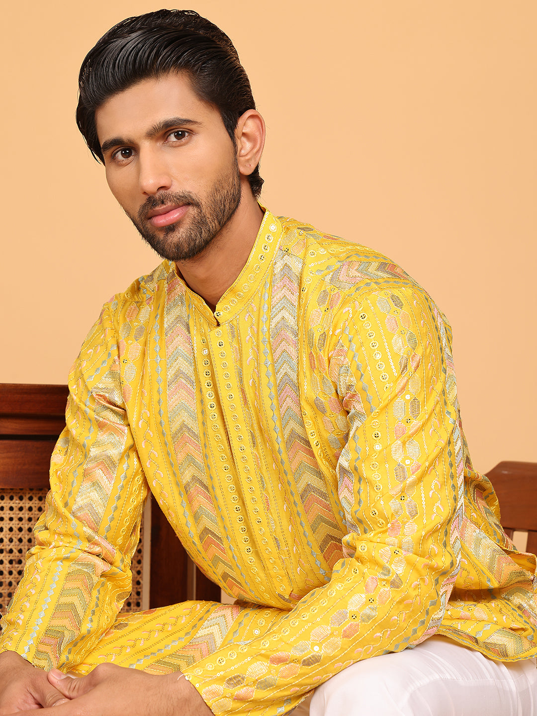 DesiQlo Men Embroidered Kurta Only - Yellow - KO_5161Yellow_S