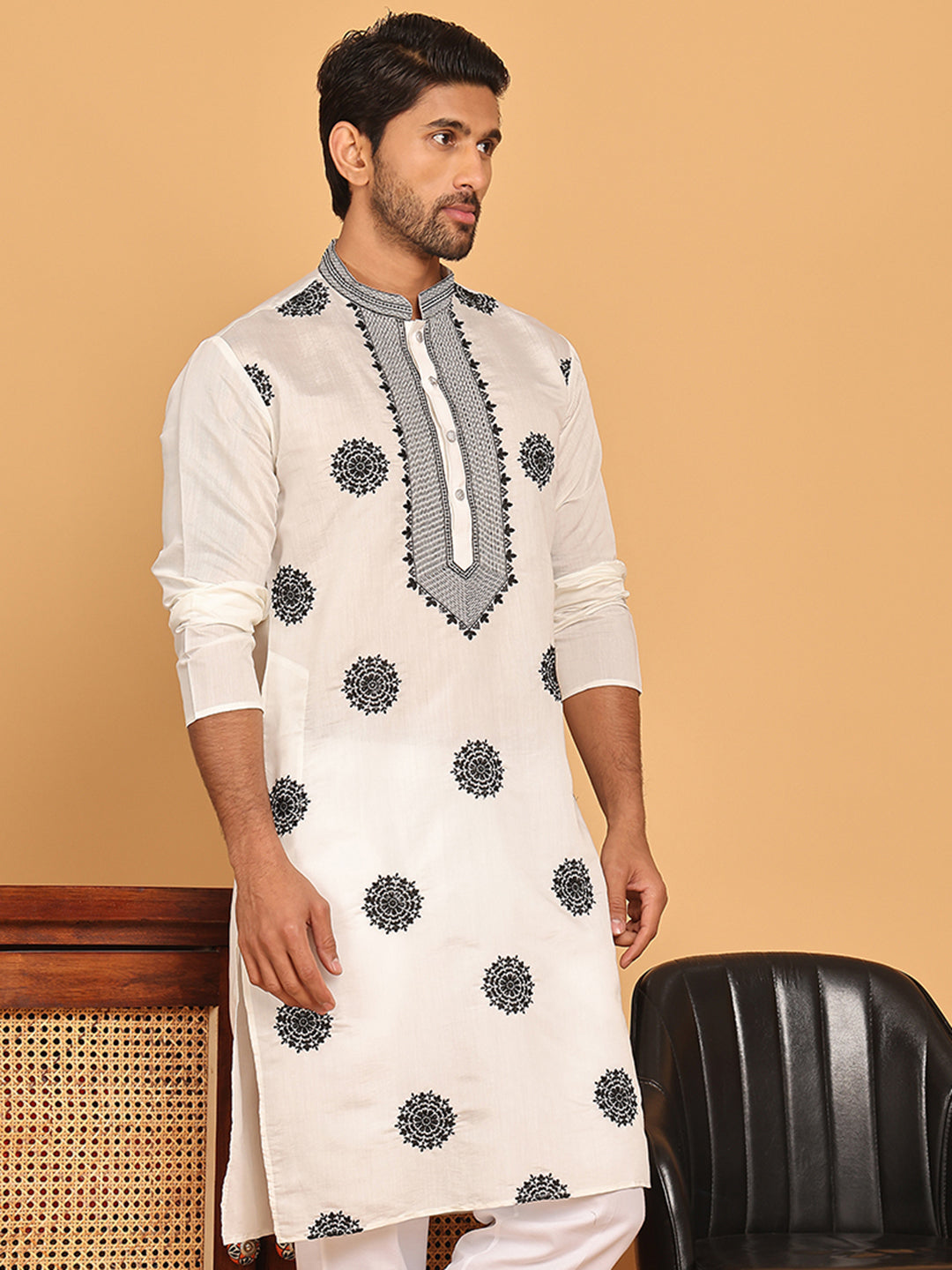 DesiQlo Men Embroidered Kurta Only - White - KO_5167White_S