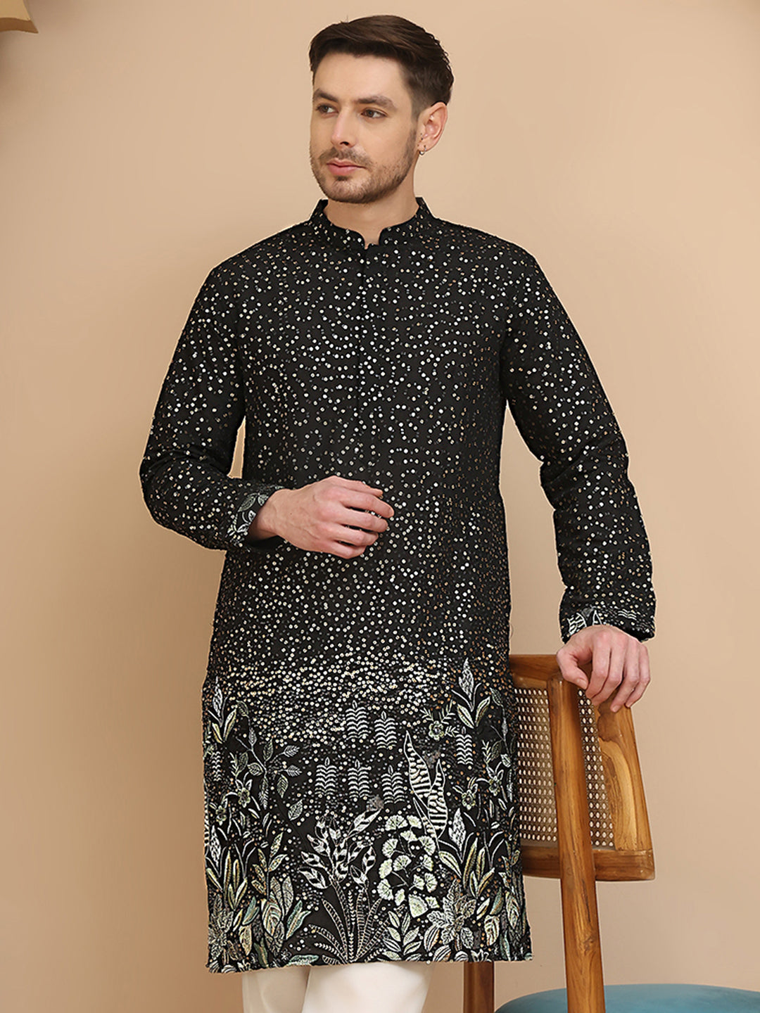 Embroidered and Sequins Silk Blend Kurtas ( KO 5169 Black ) [FF] [L-7-8]