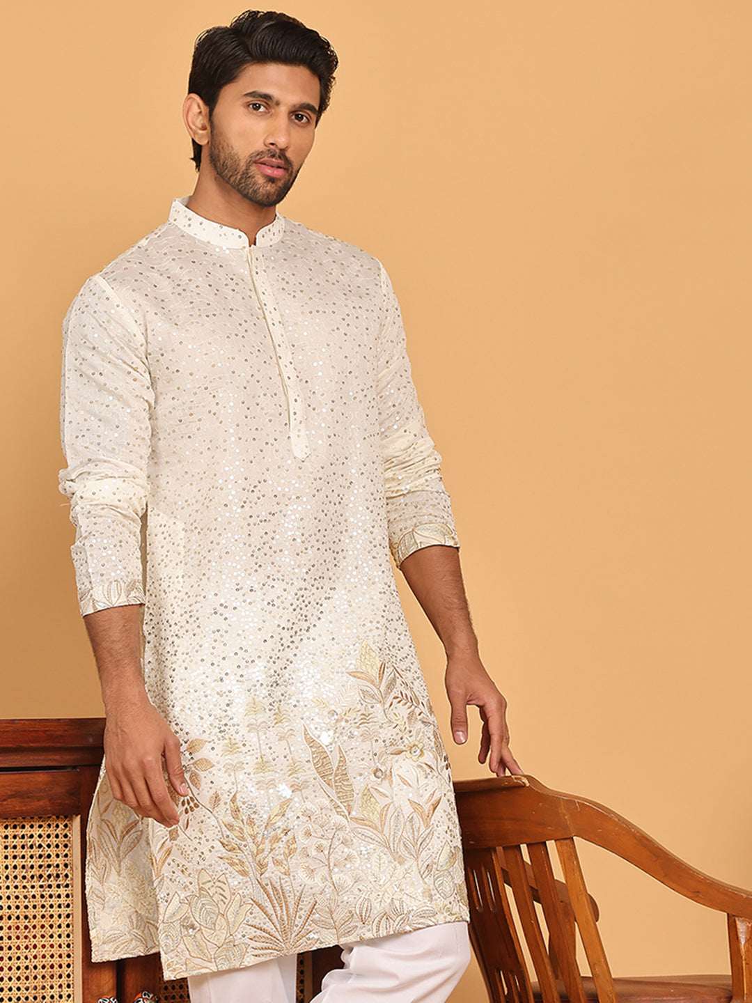 DesiQlo Men Embroidered Kurta Only - White - KO_5169Off-White_S