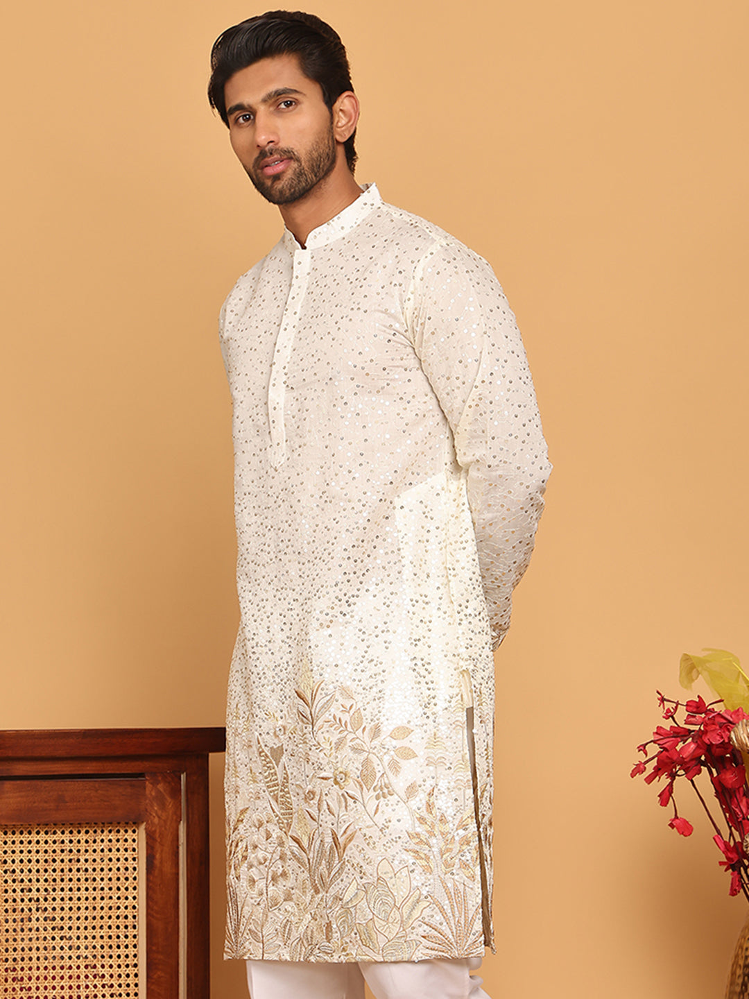 DesiQlo Men Embroidered Kurta Only - White - KO_5169Off-White_S