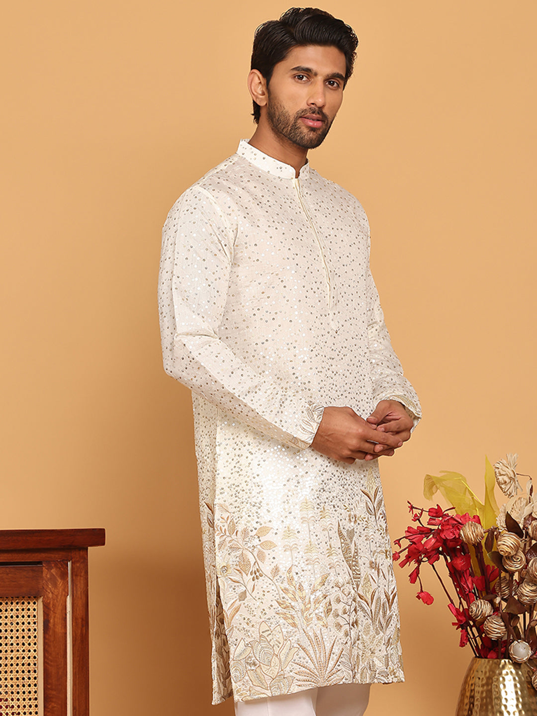 DesiQlo Men Embroidered Kurta Only - White - KO_5169Off-White_S