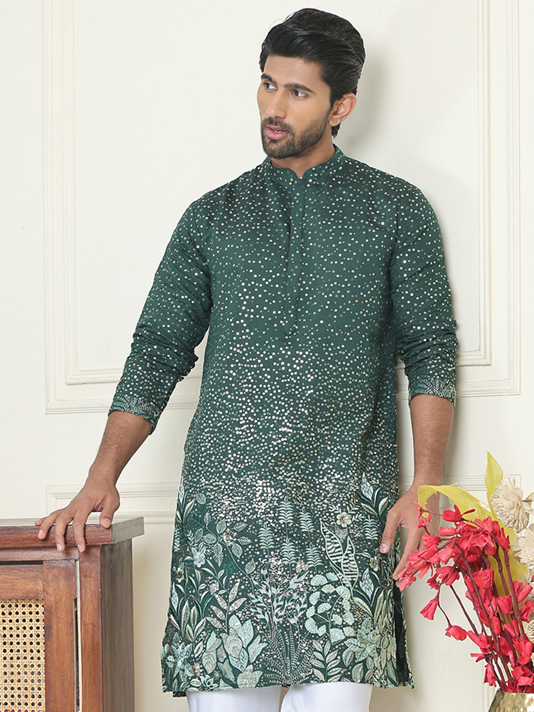 DesiQlo Men Embroidered Kurta Only - Green - KO_5169Olive_S