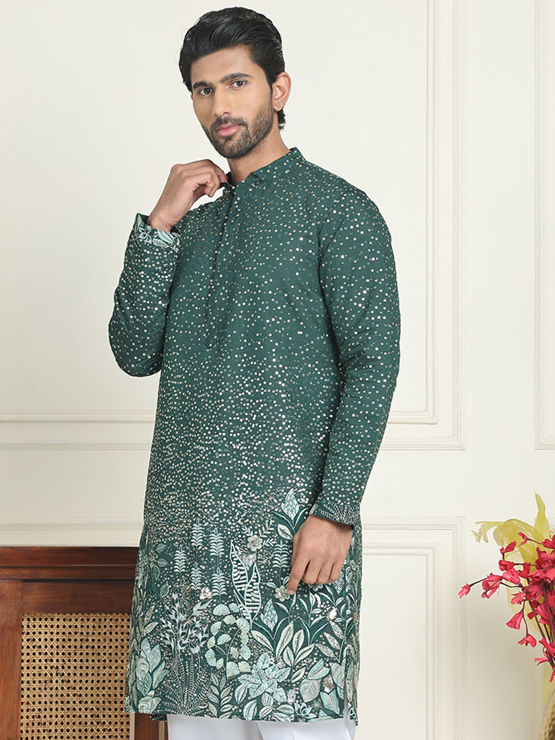 DesiQlo Men Embroidered Kurta Only - Green - KO_5169Olive_S