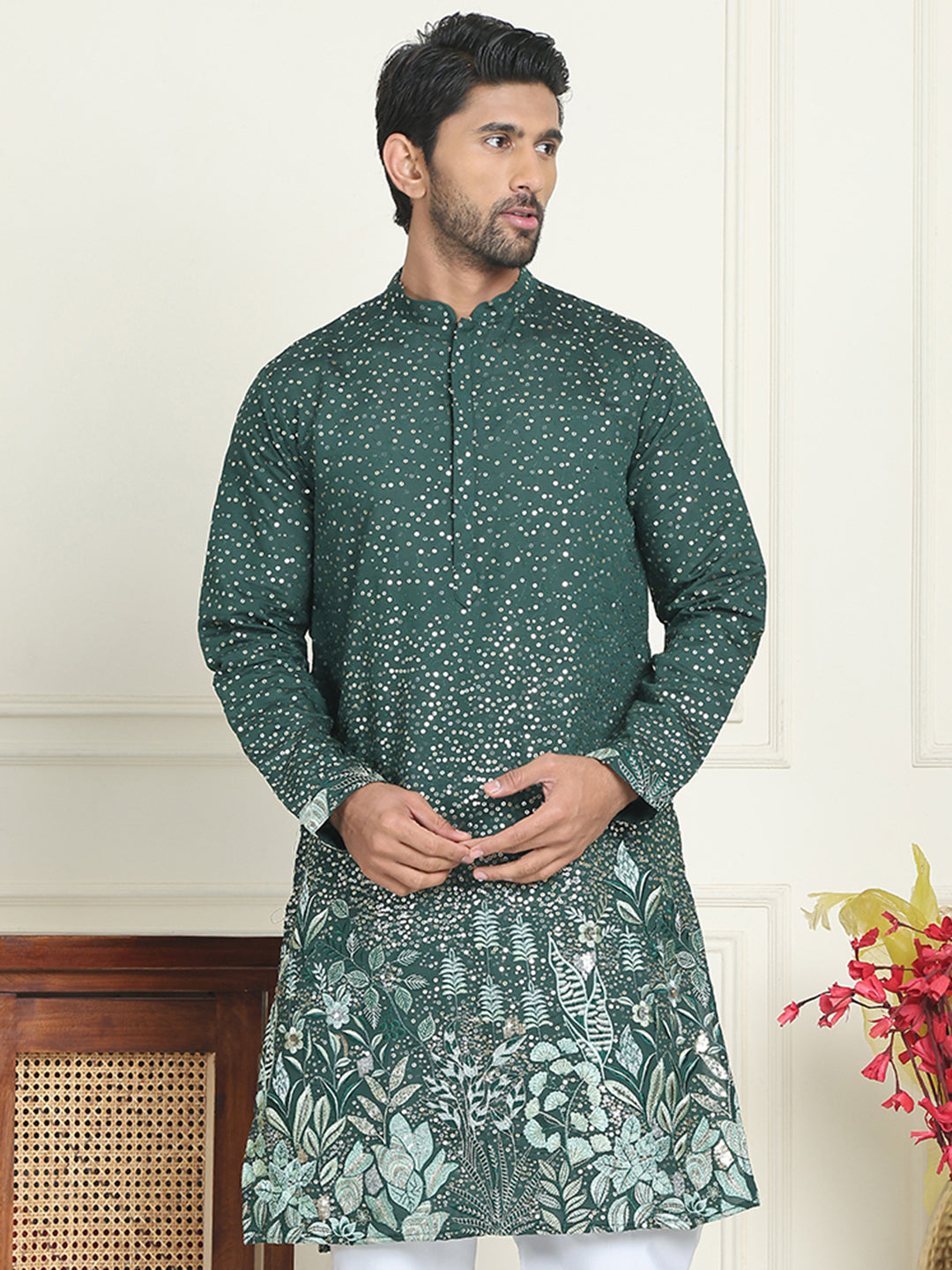 DesiQlo Men Embroidered Kurta Only - Green - KO_5169Olive_S