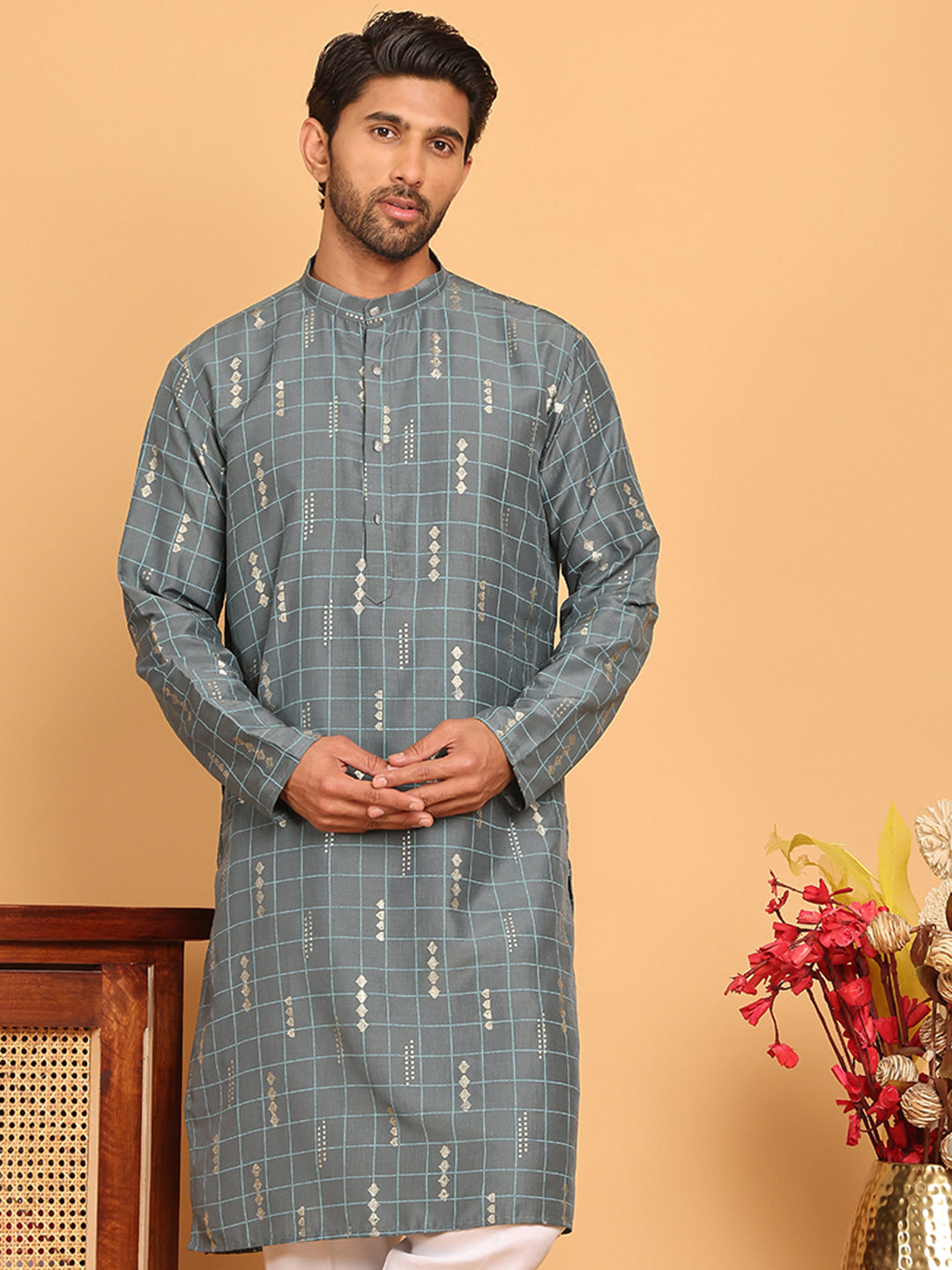 DesiQlo Men Printed Kurta Only - Grey - KO_5170Grey_S