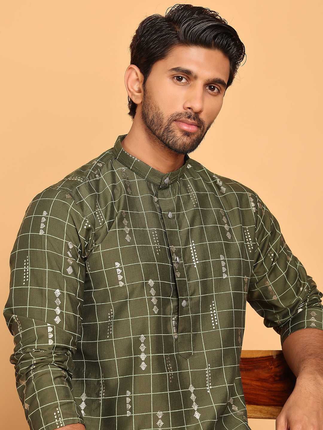 DesiQlo Men Printed Kurta Only - Green - KO_5170Olive_S