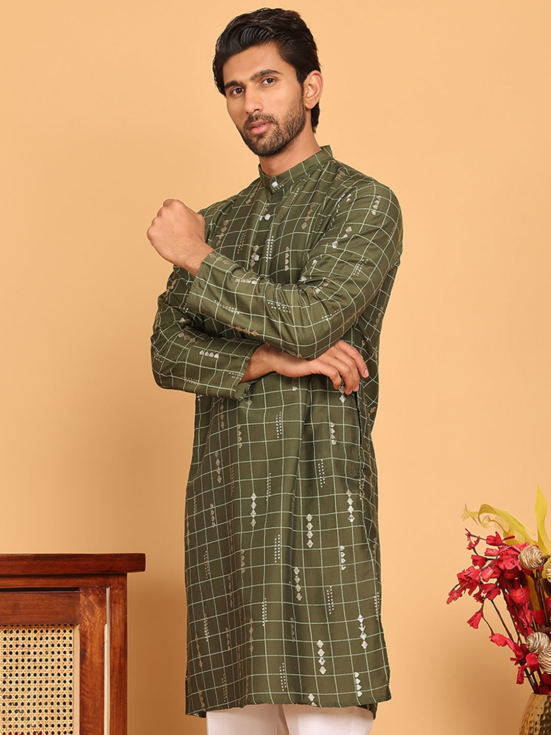 DesiQlo Men Printed Kurta Only - Green - KO_5170Olive_S