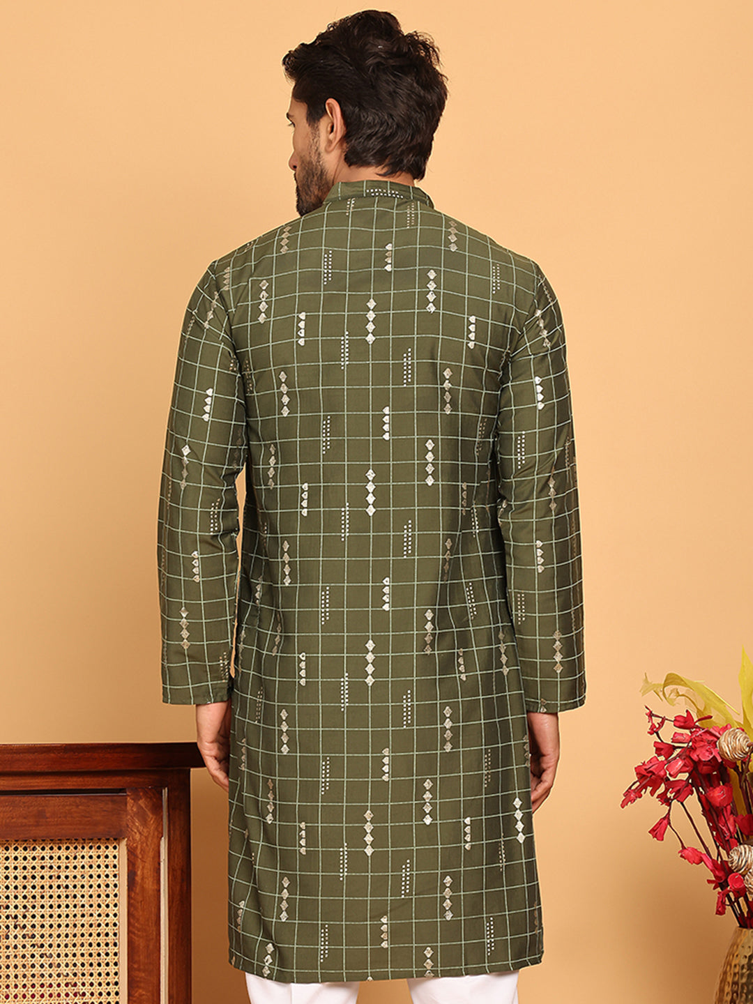 DesiQlo Men Printed Kurta Only - Green - KO_5170Olive_S