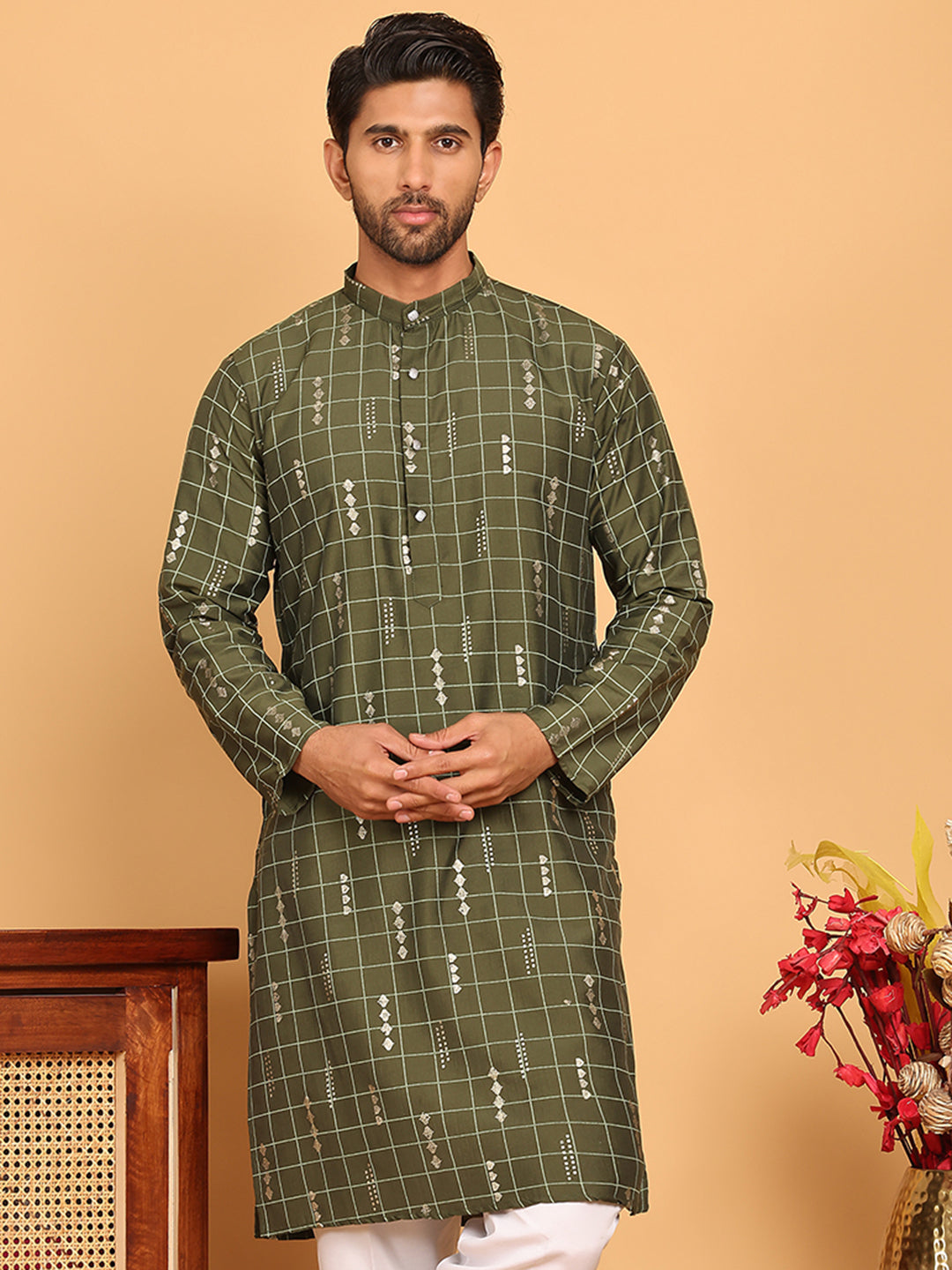 DesiQlo Men Printed Kurta Only - Green - KO_5170Olive_S