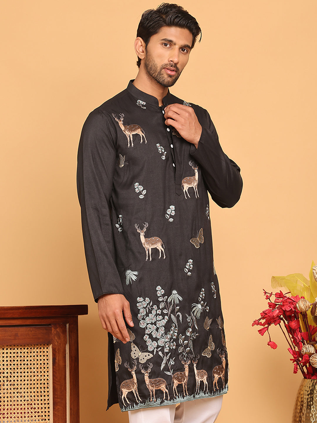 DesiQlo Men Embroidered Kurta Only - Black - KO_5171Black_S