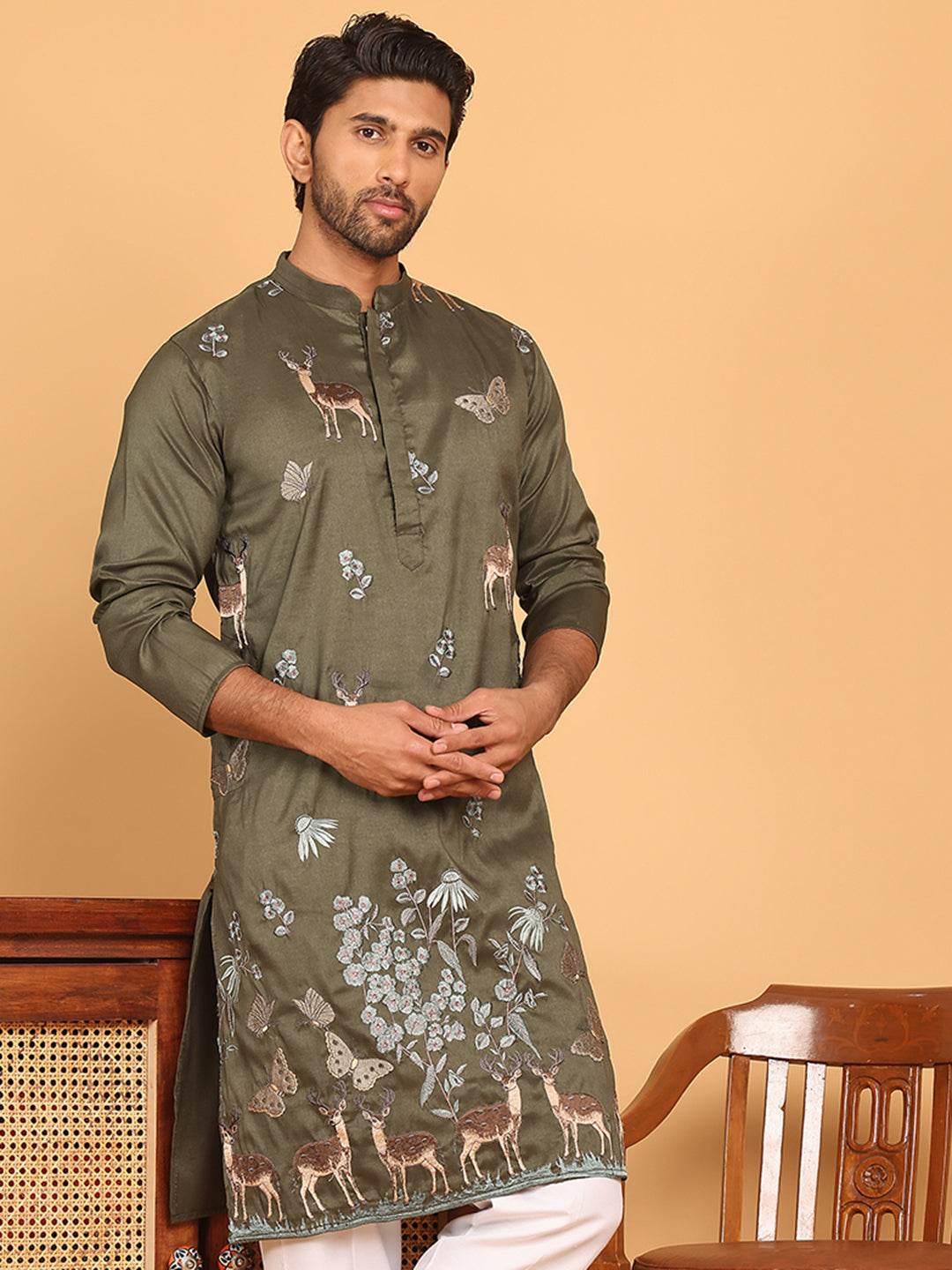 DesiQlo Men Embroidered Kurta Only - Green - KO_5171Olive_S
