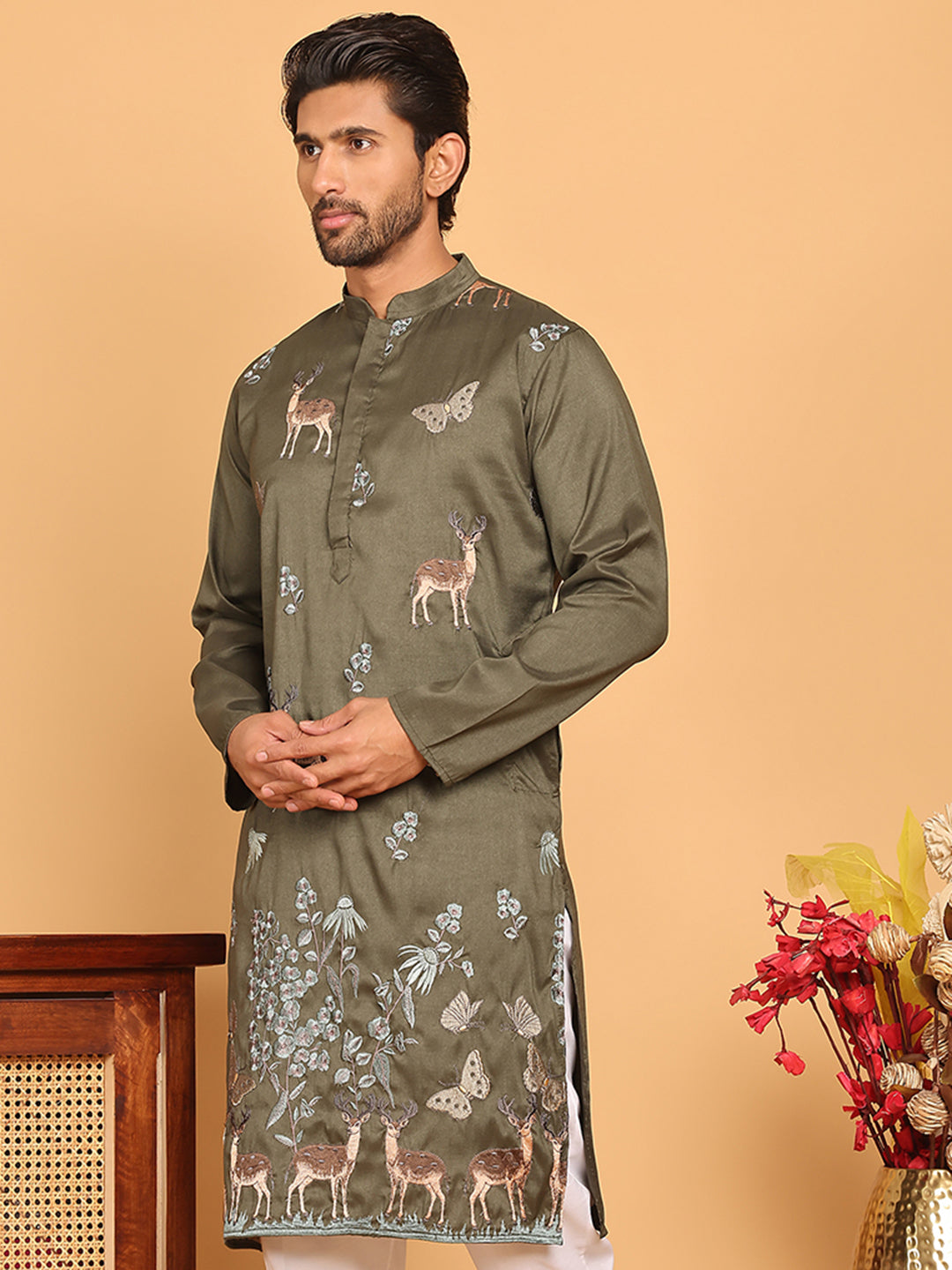 DesiQlo Men Embroidered Kurta Only - Green - KO_5171Olive_S