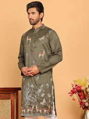 Embroidered Straight Kurtas For Men ( KO 5171 Olive ) [FF] [J-2-4]