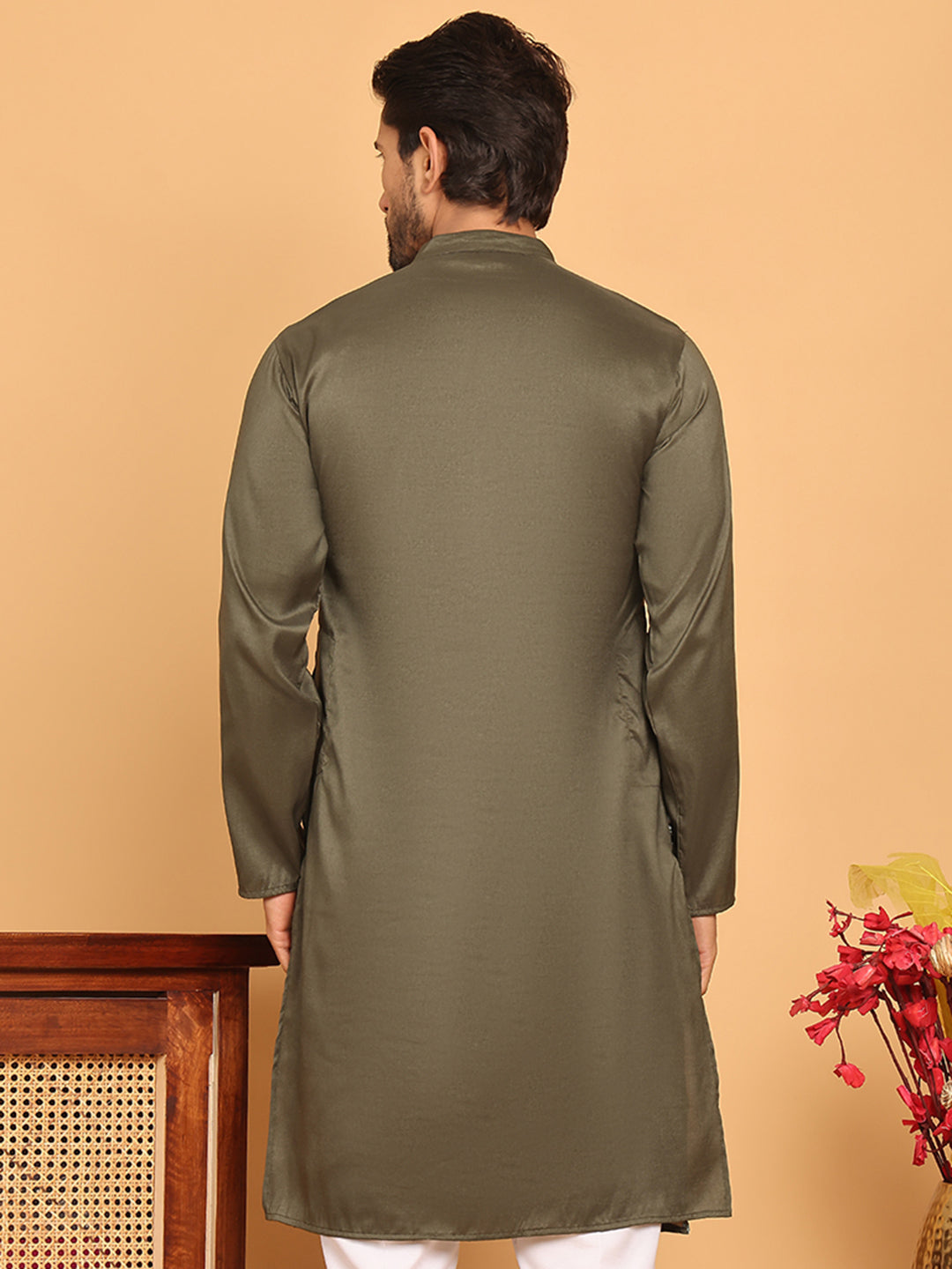 DesiQlo Men Embroidered Kurta Only - Green - KO_5171Olive_S