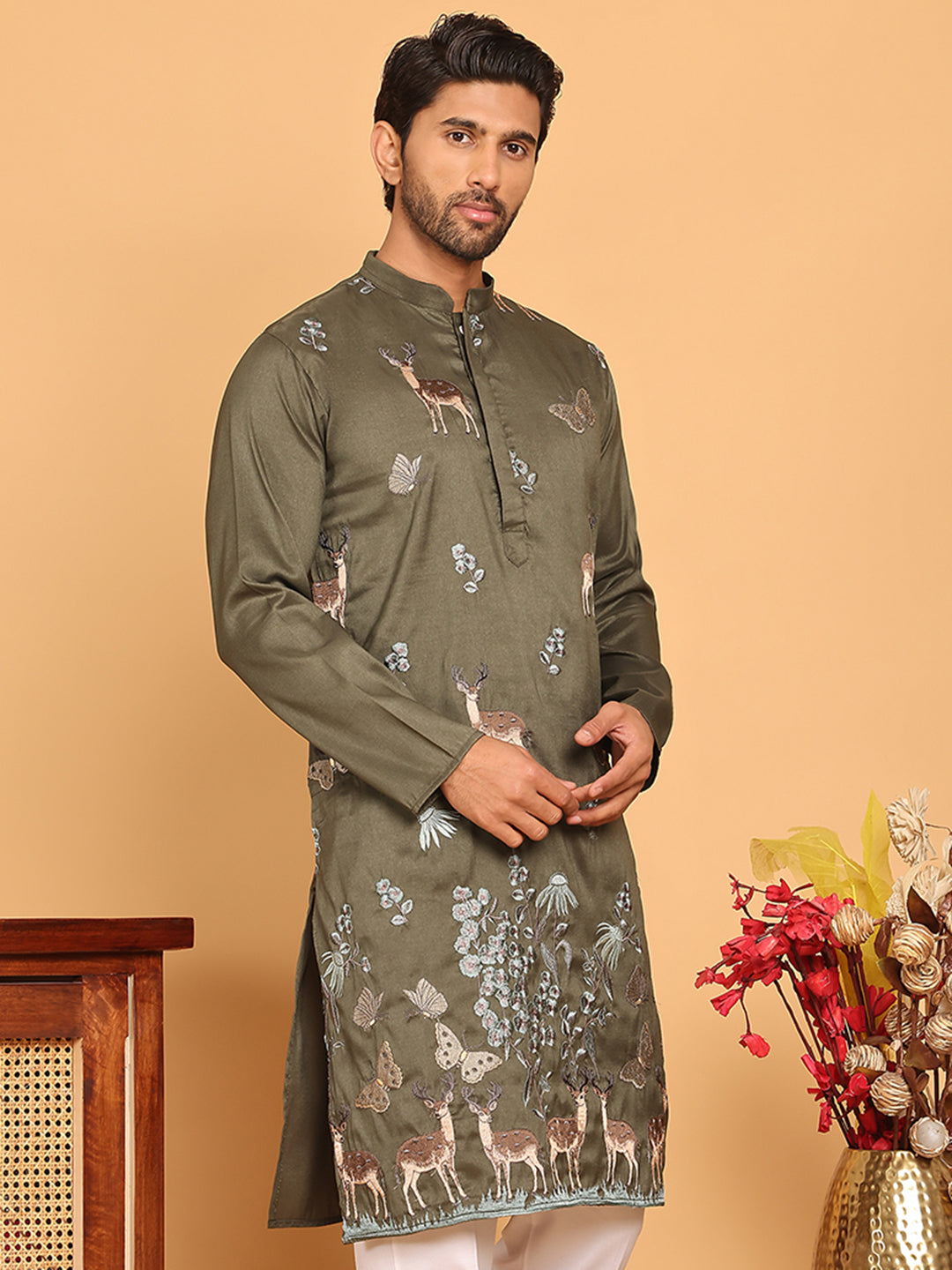 DesiQlo Men Embroidered Kurta Only - Green - KO_5171Olive_S