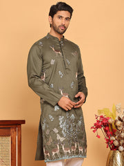 Embroidered Straight Kurtas For Men ( KO 5171 Olive ) [FF] [J-2-4]