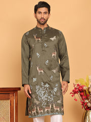 Embroidered Straight Kurtas For Men ( KO 5171 Olive ) [FF] [J-2-4]