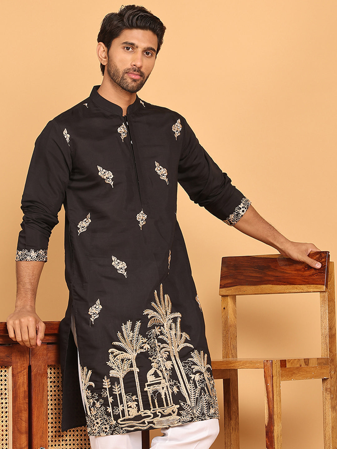 DesiQlo Men Embroidered Kurta Only - Black - KO_5172Black_S